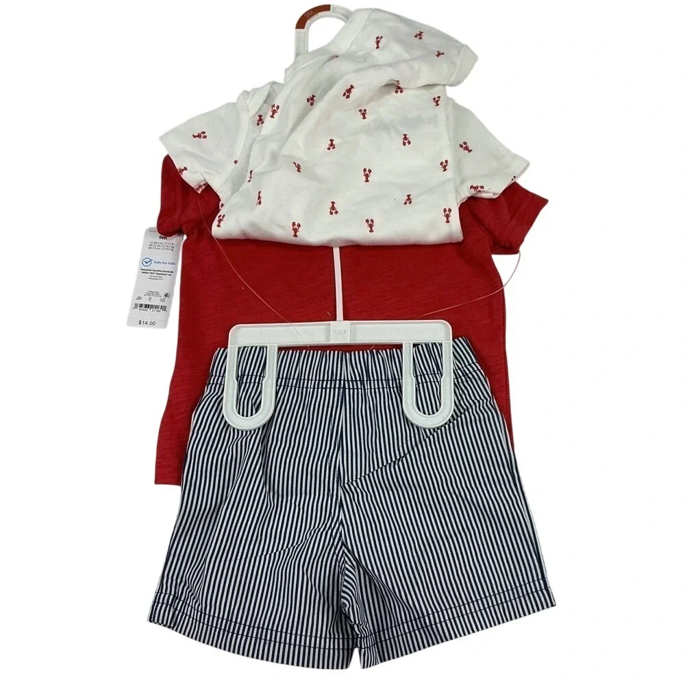 Carters Baby Boy 3 Piece Set Red Top Lobster Bodysuit Striped Shorts‎ 9M